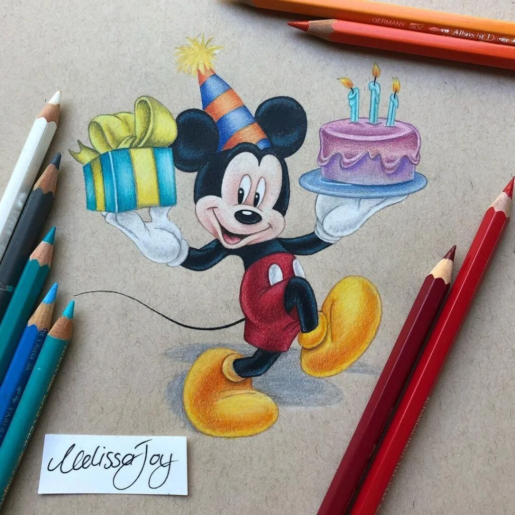 24 Lovely Cartoon Drawings Ideas Mickey mouse with cake