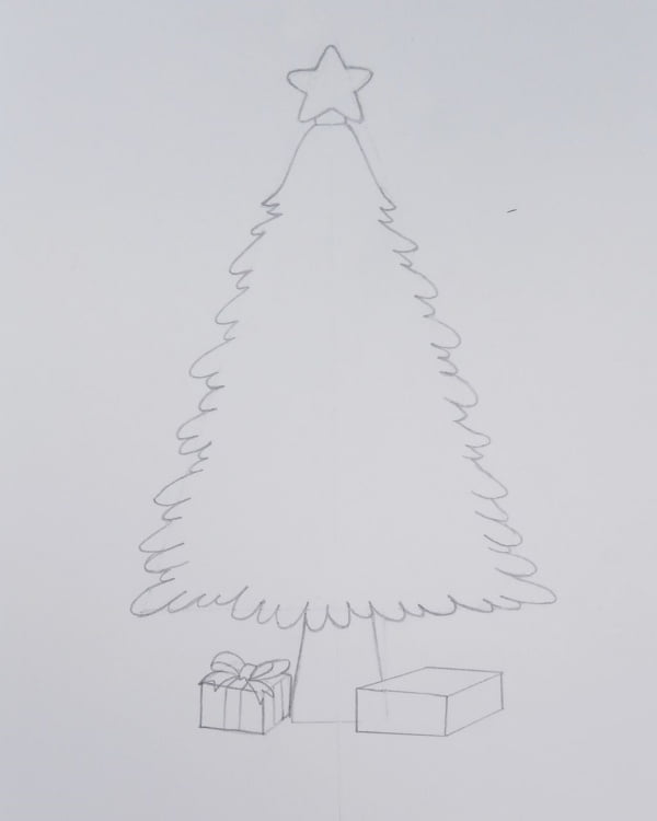 Learn to Make Easy Christmas Drawings Chrishtmas tree with gifts step 3