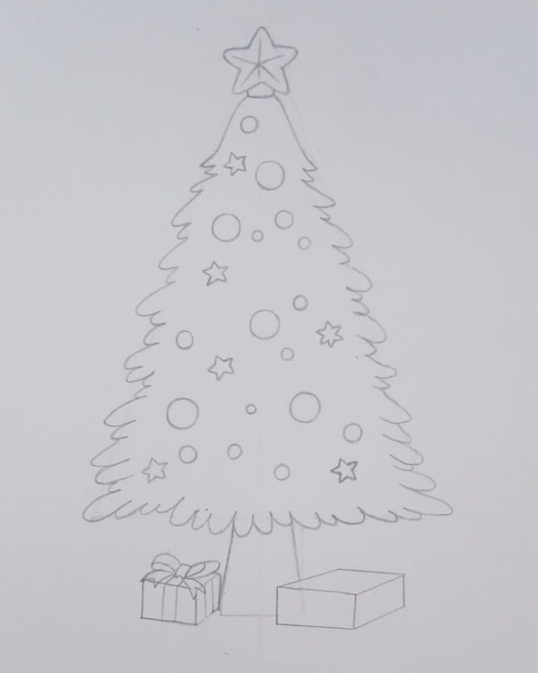 Learn to Make Easy Christmas Drawings Christmas tree with stars and flowers step 4