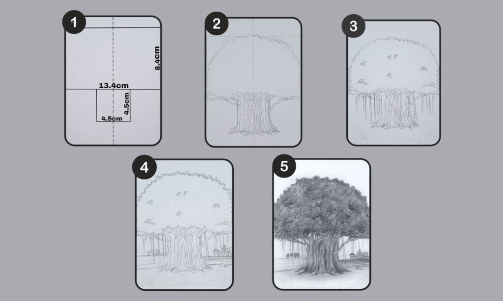 Learn to Make Banyan Tree Pencil Drawing banyan tree stepwise tutorial