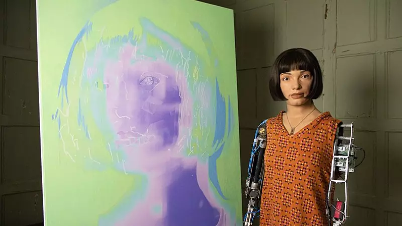 AI Da standing beside her portrait