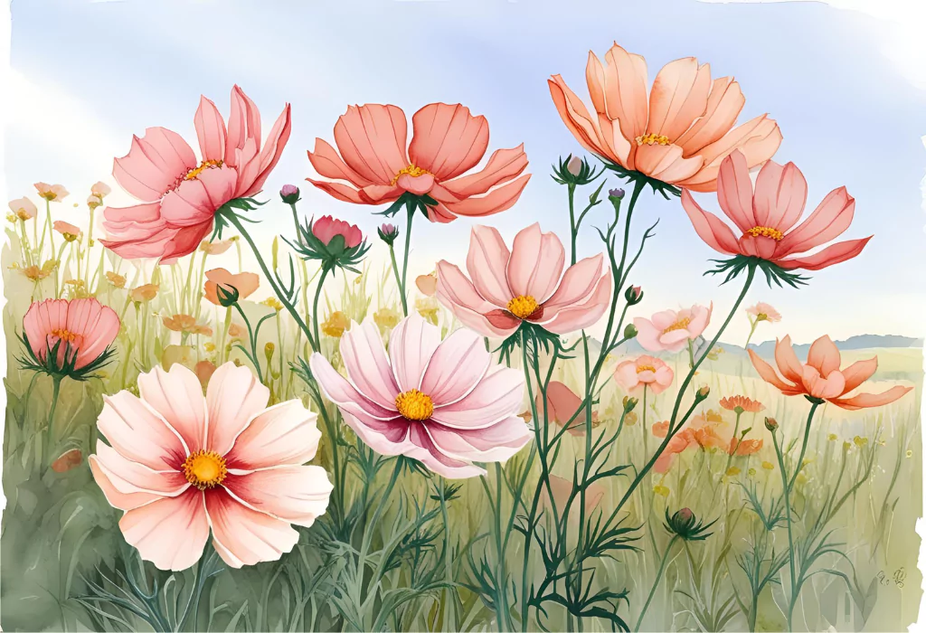 12 Easy Watercolor Summer Floral Paintings coral cosmos field 6829822f9a78c