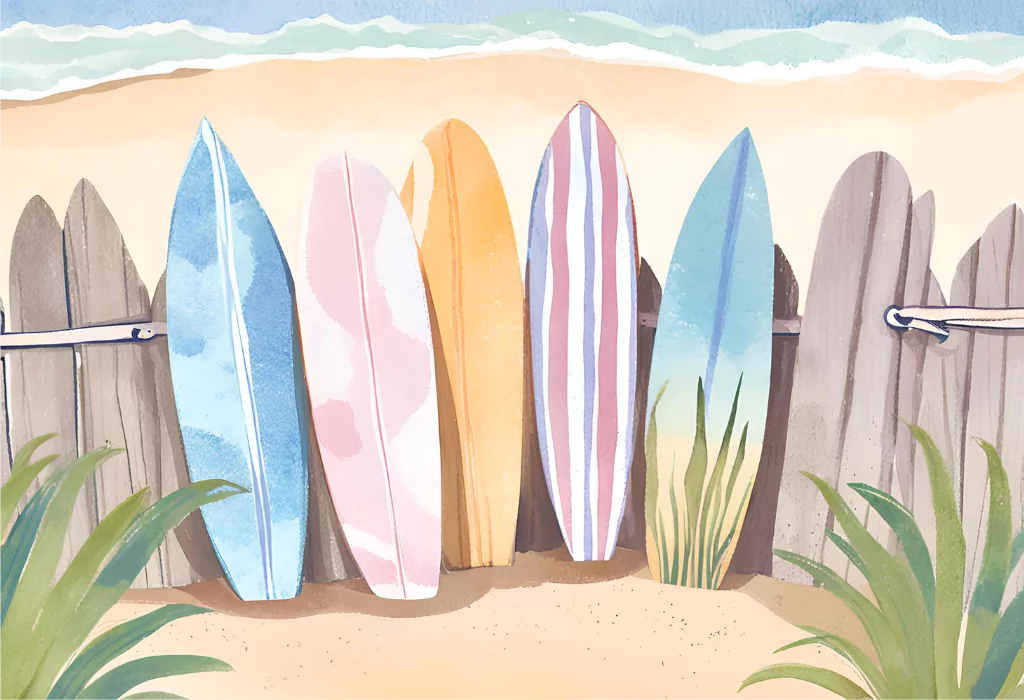 15 Easy Summer Canvas Painting Ideas (You Can't Resist) surfboard leaning on a fence 68298394a85fc