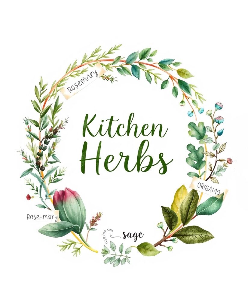 Flux Schnell A watercolor wreath made from kitchen herbs rose 2