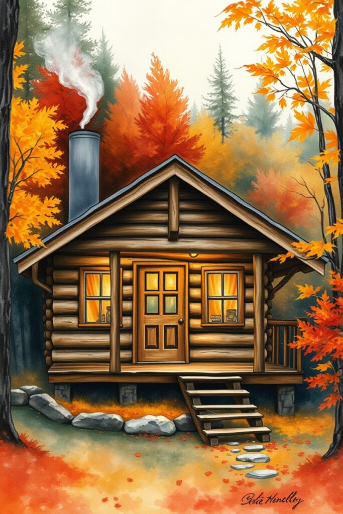Flux Schnell Charming wooden cabin in an autumn forest smoke g 0