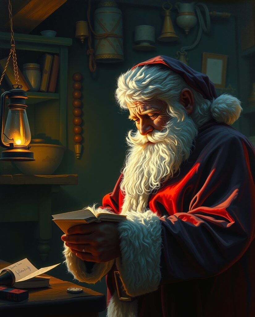 Flux Schnell Cinematic oil painting of Santa discovering a for 1