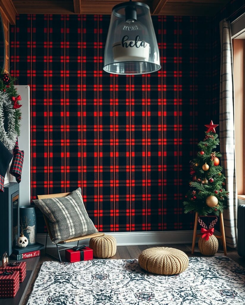 Flux Schnell Clean straight Rustic tartan wallpaper in deep bl 1