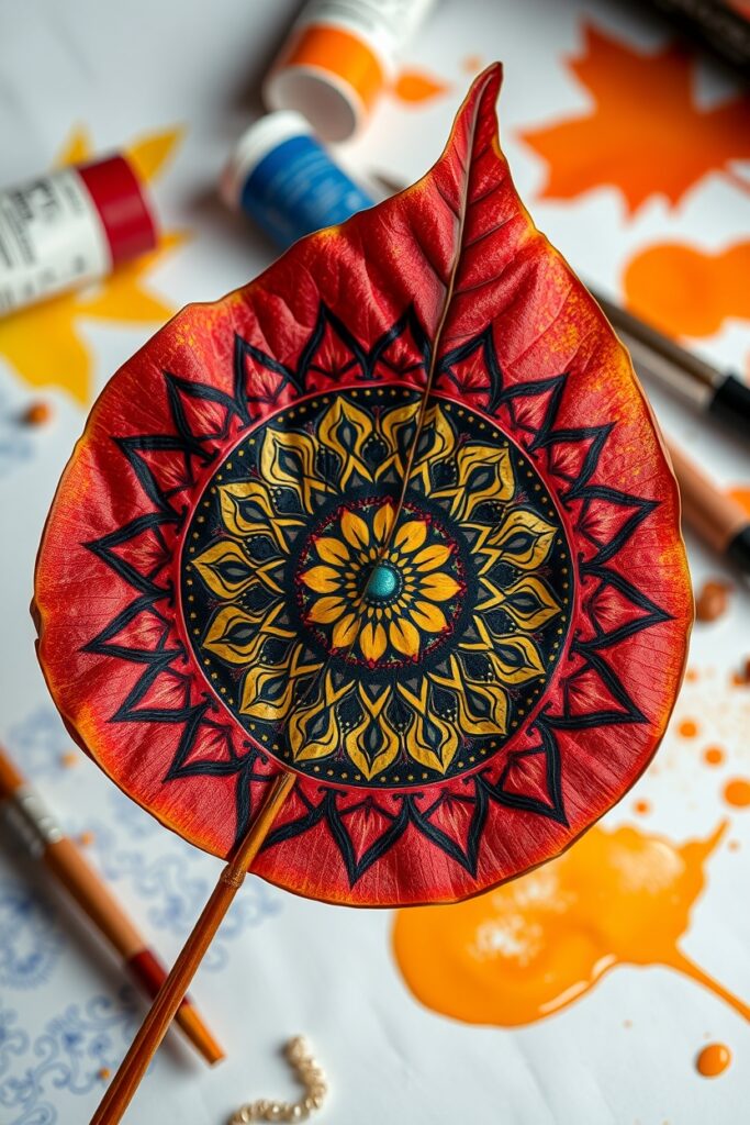 18 Easy Fall Leaf Art Project Ideas (That Actually Feel Fresh) Flux Schnell Closeup of an intricate mandala painted on a deli 0