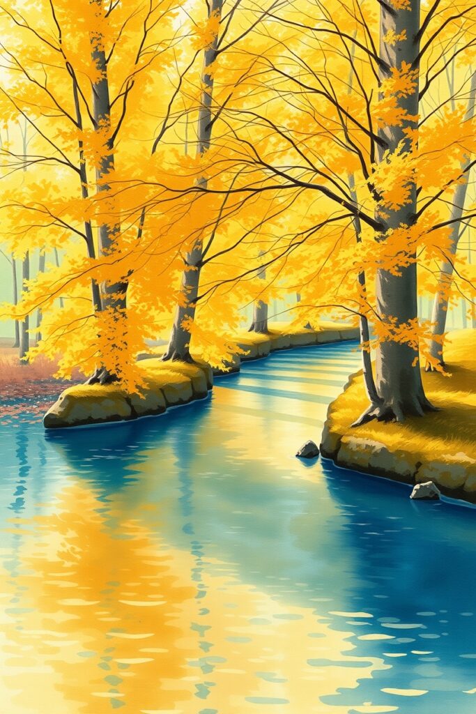 Flux Schnell Golden poplar trees along a calm river sunlight r 1