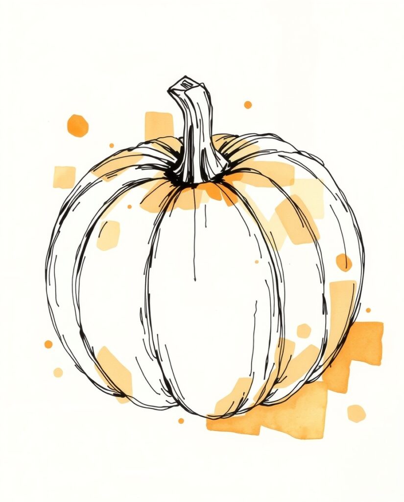 Flux Schnell Ink and watercolor sketch of a plump pumpkin with 3