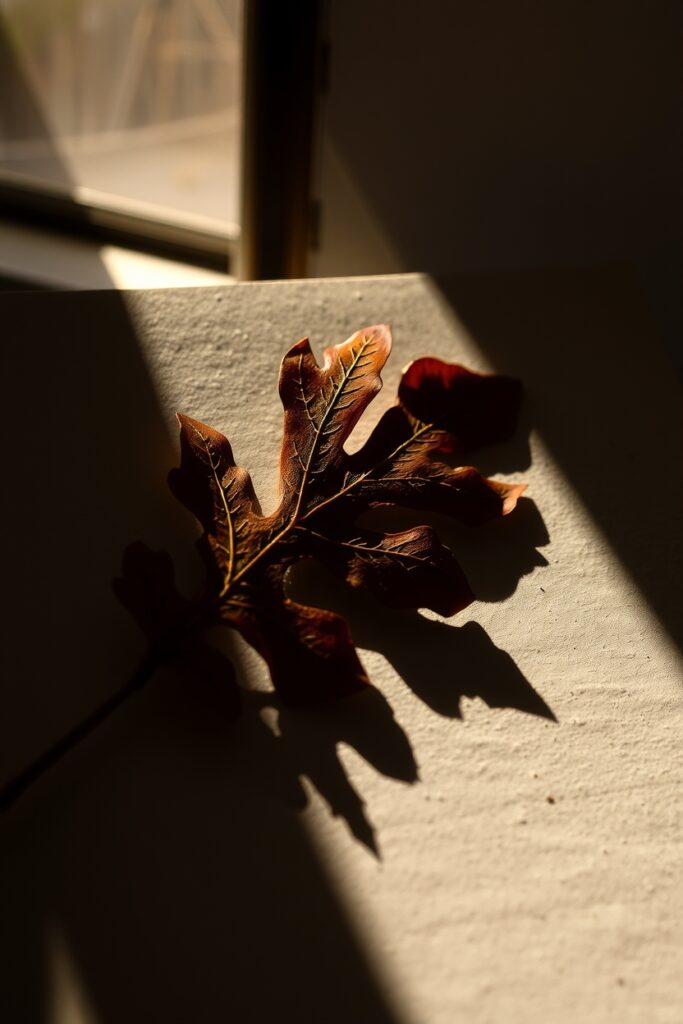 18 Easy Fall Leaf Art Project Ideas (That Actually Feel Fresh) Flux Schnell Moody photograph of intricate oak leaf shadows ca 0