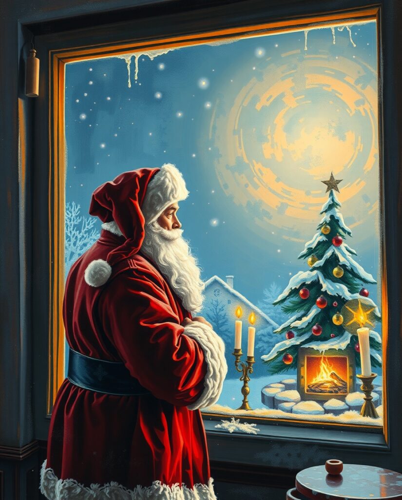 Flux Schnell Oil painting of Santa Claus looking out a frosted 3