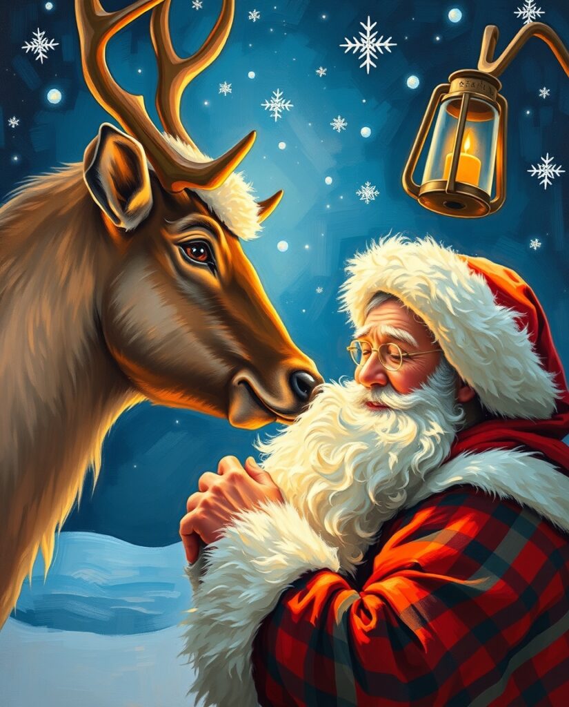 Flux Schnell Oil painting of Santa gently touching a reindeers 2