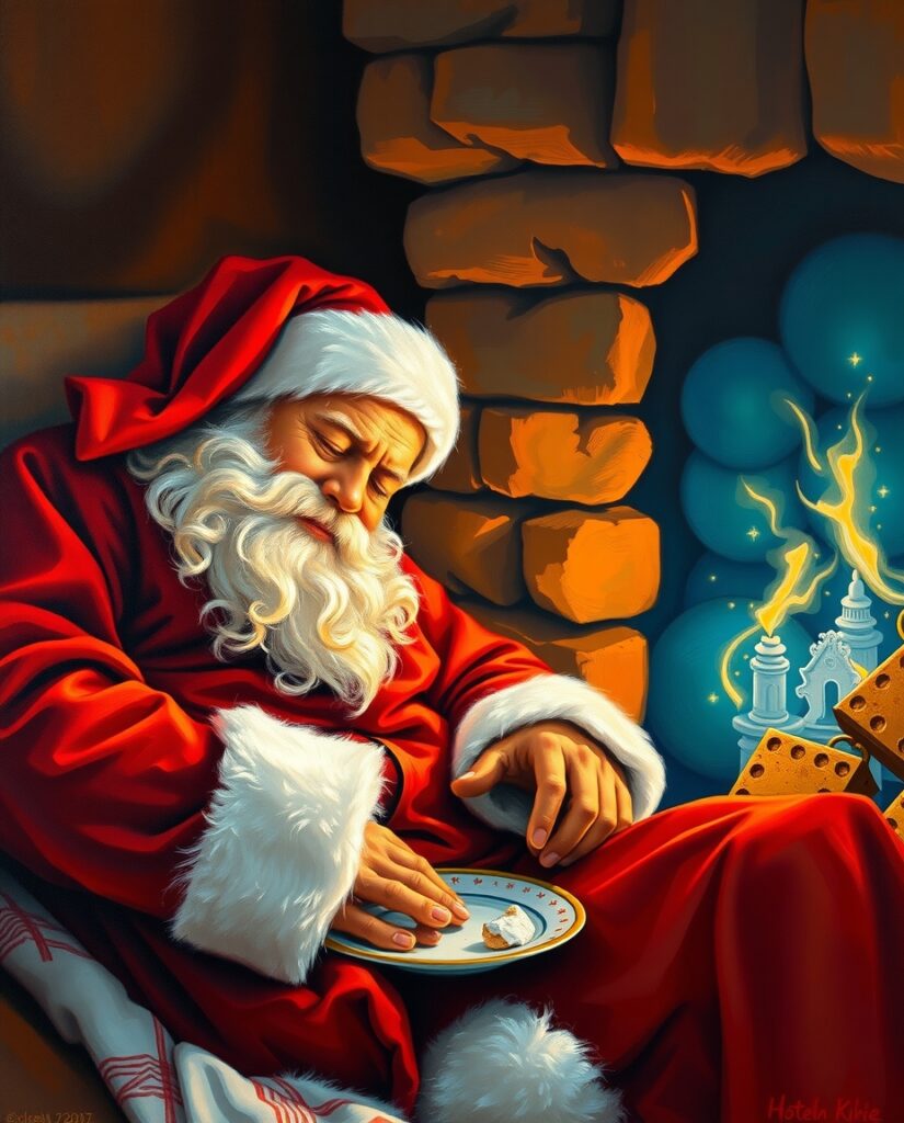 Flux Schnell Oil painting of Santa sleeping by the fireplace r 2