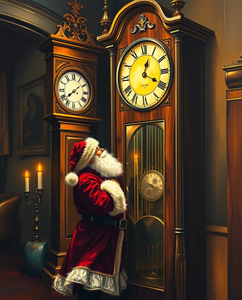 Flux Schnell Oil painting of Santa standing beside a tall anti 0