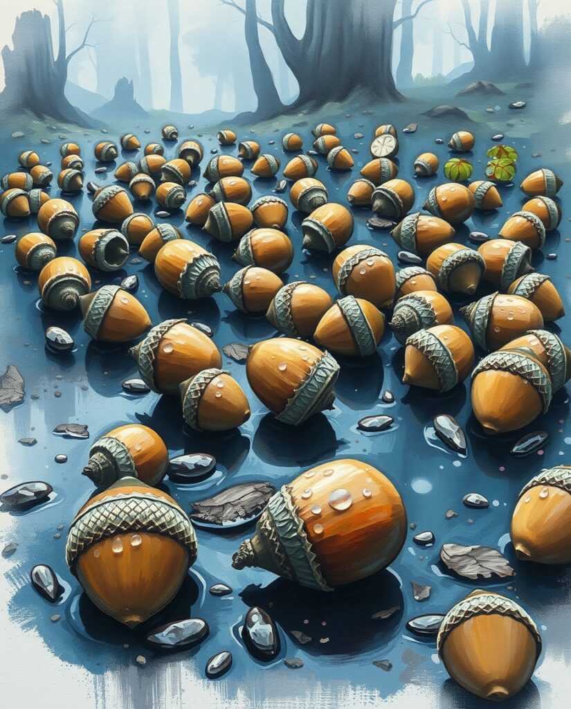 18 Calm Pine Cone and Acorn Painting Ideas Flux Schnell Oil painting of numerous acorns scattered on a we 3