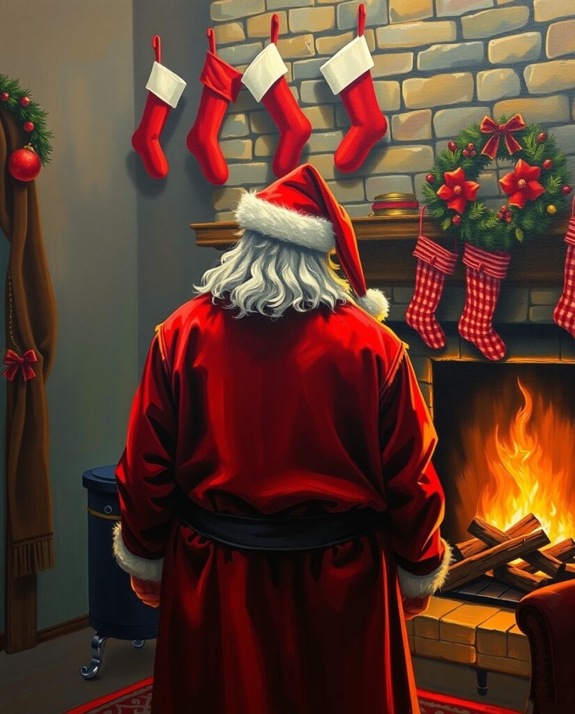 Flux Schnell Oil painting showing Santa from behind standing n 0