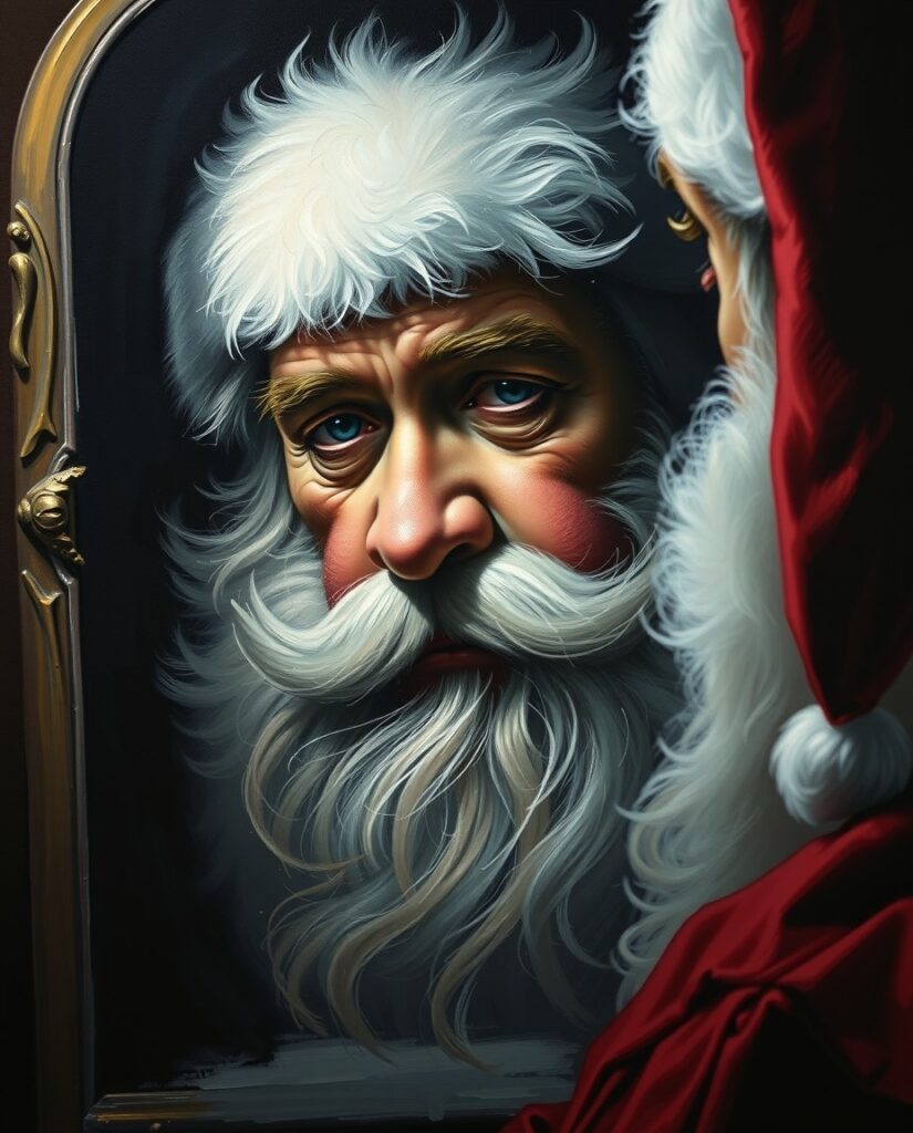 Flux Schnell Oil portrait of Santa gazing into an old mirror h 2