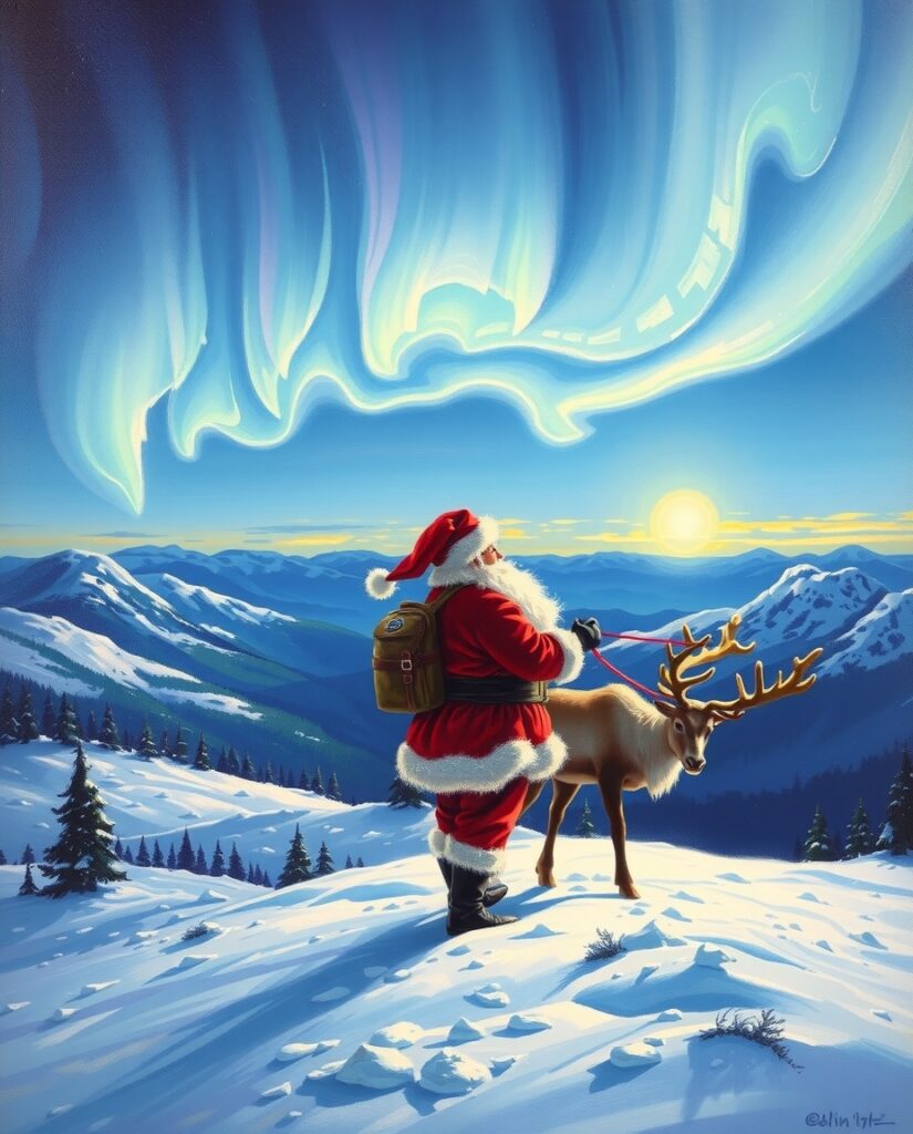 Flux Schnell Realistic oil landscape of Santa and reindeer und 1