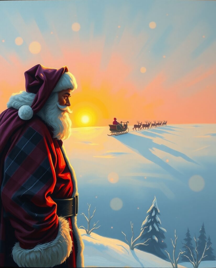 Flux Schnell Realistic oil painting Santas silhouette against 0