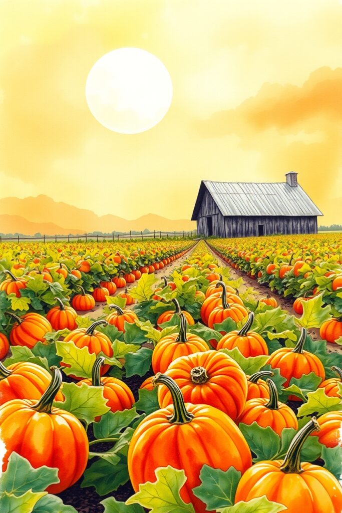 Flux Schnell Watercolor landscape of a vibrant pumpkin field u 1