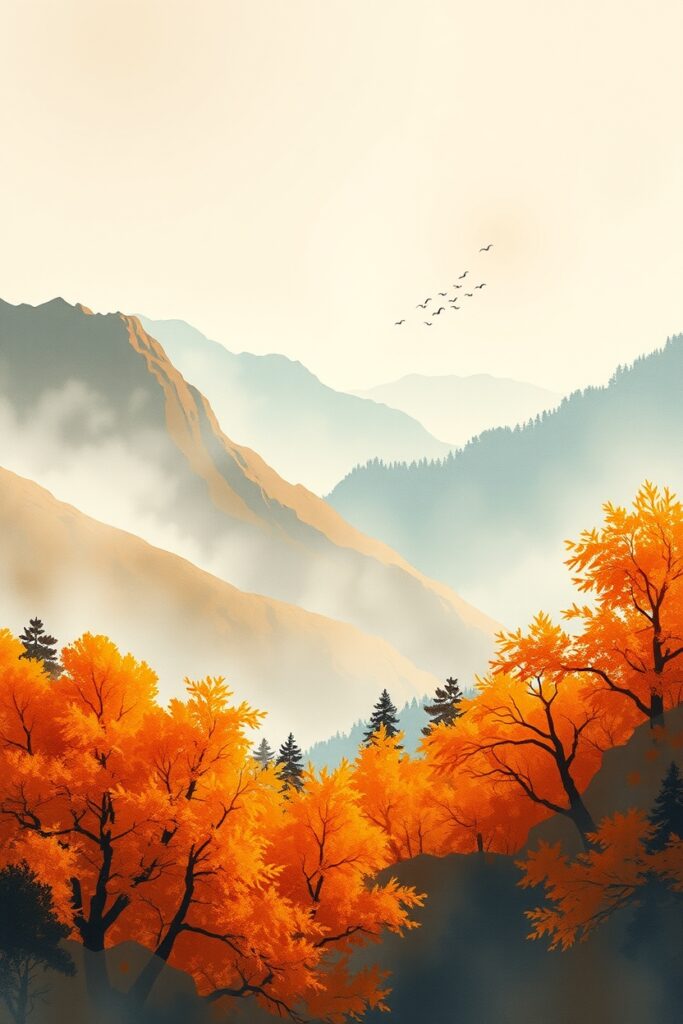 Flux Schnell Watercolor mountain landscape in autumn with soft 3