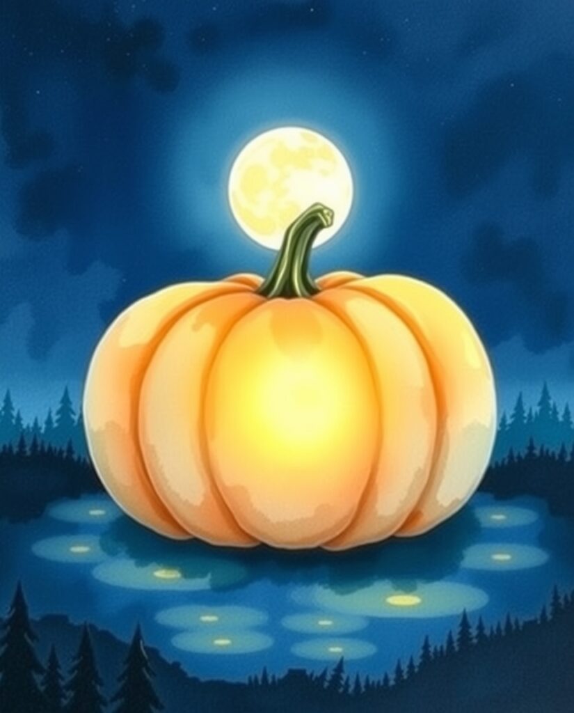Flux Schnell Watercolor painting of a large glowing pumpkin wi 0