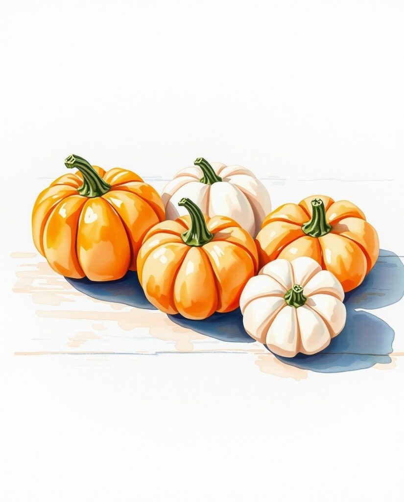 Flux Schnell Watercolor painting of small mini pumpkins arrang 1