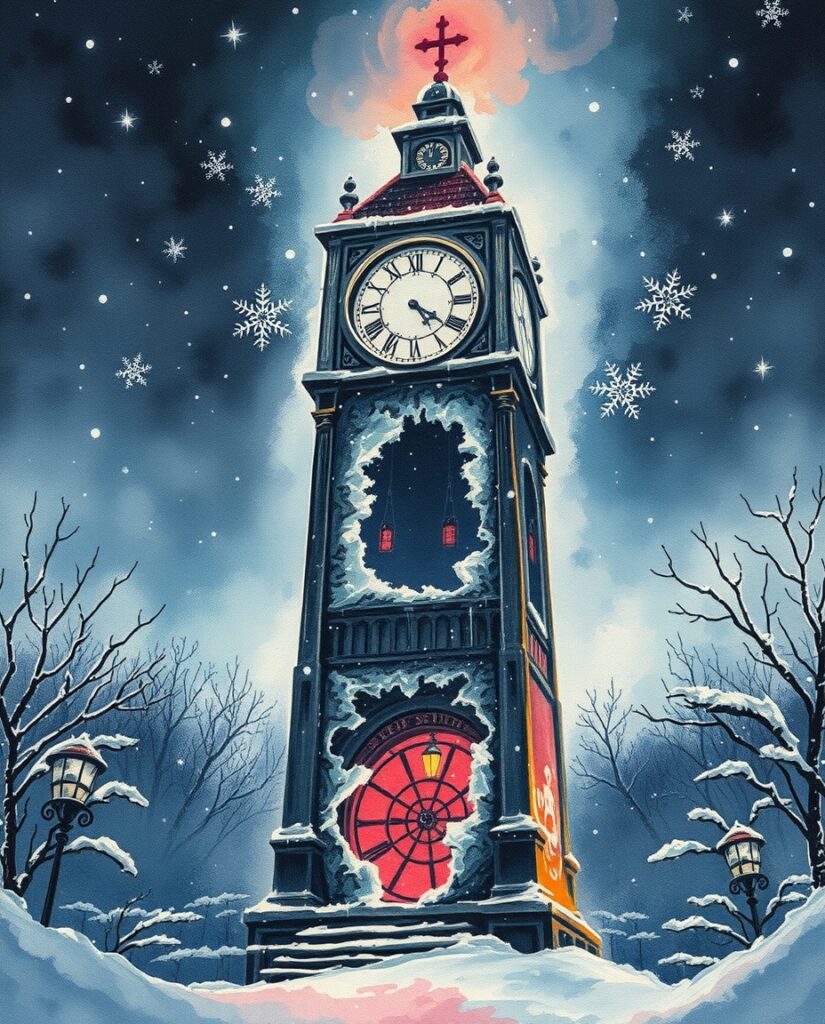 15 AI Gothic Christmas Art Ideas Flux Schnell delicate watercolor painting Ancient clock tower 3 1