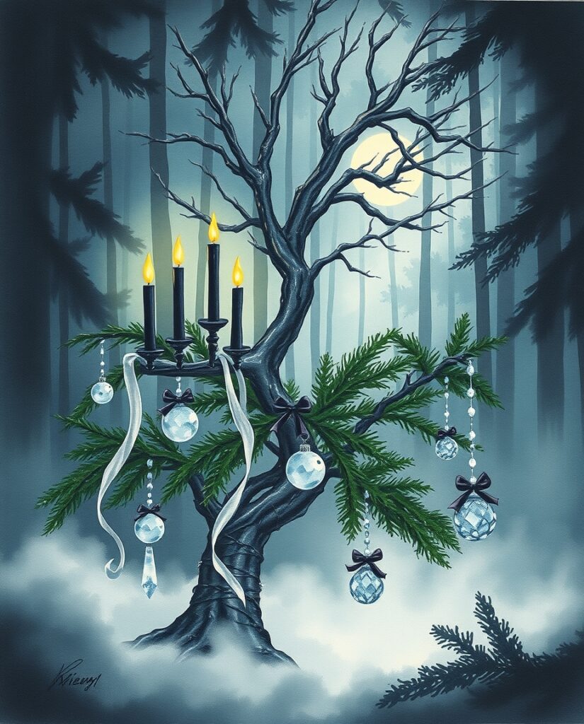 15 AI Gothic Christmas Art Ideas Flux Schnell delicate watercolor painting Dark evergreen tree 2