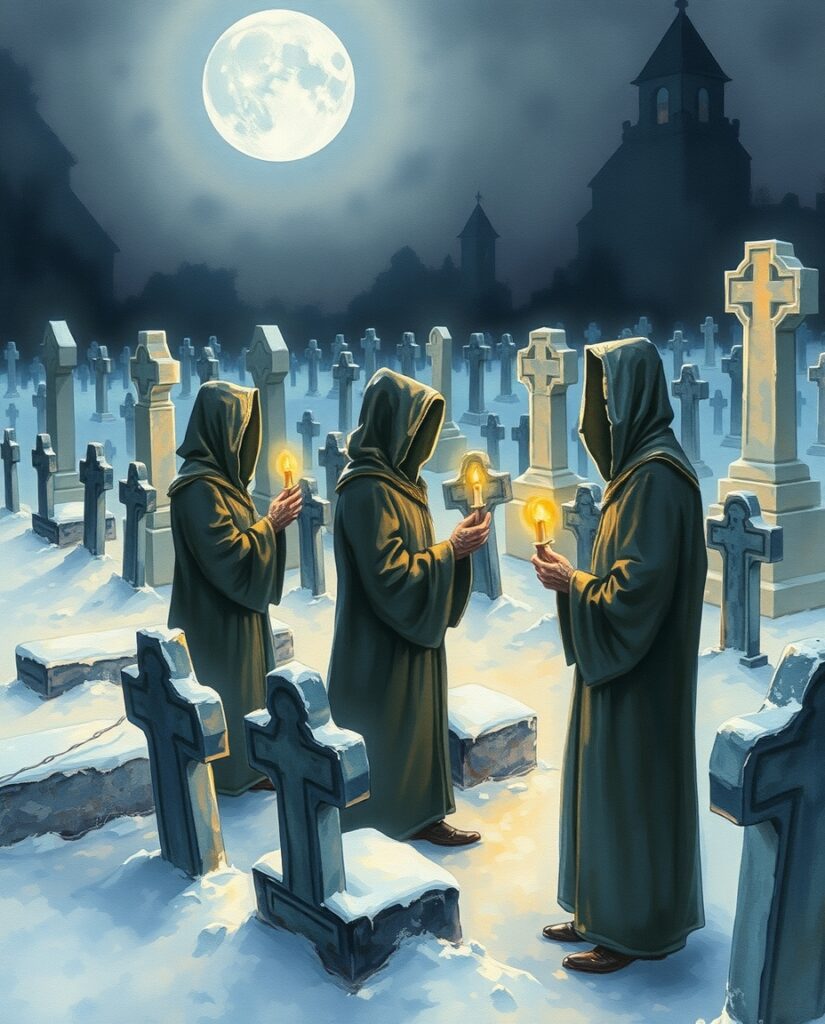 15 AI Gothic Christmas Art Ideas Flux Schnell delicate watercolor painting Group of hooded figu 1