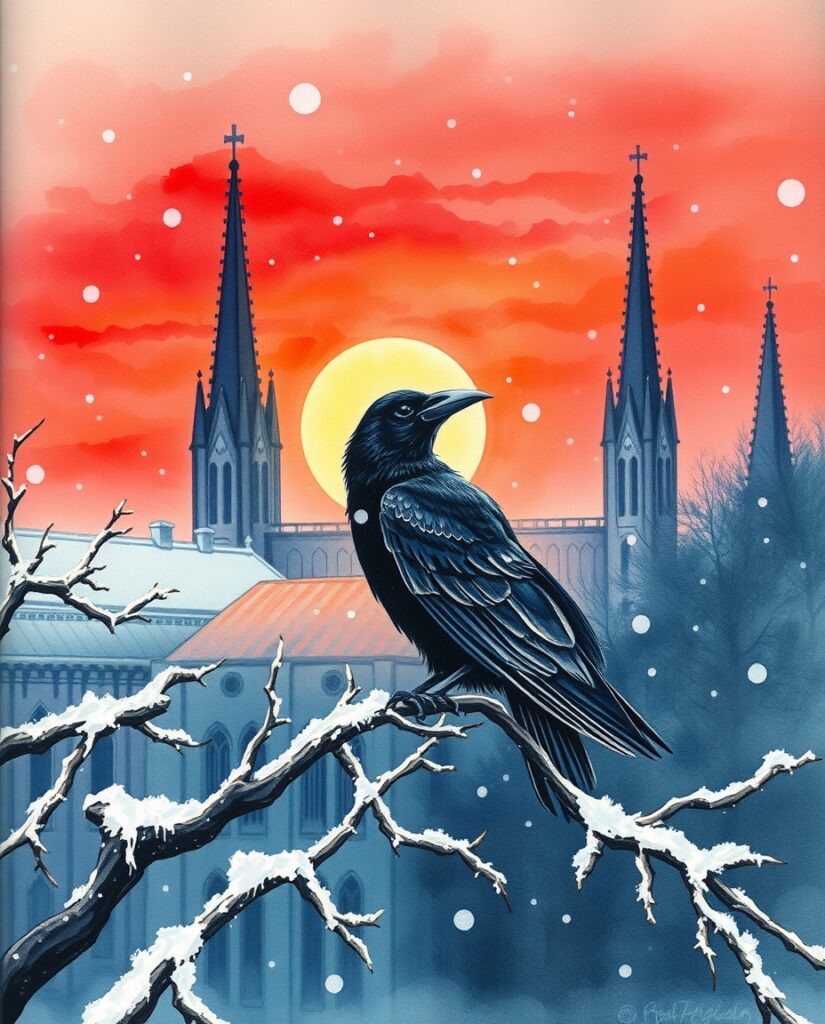 15 AI Gothic Christmas Art Ideas Flux Schnell delicate watercolor painting Raven perched on fro 2