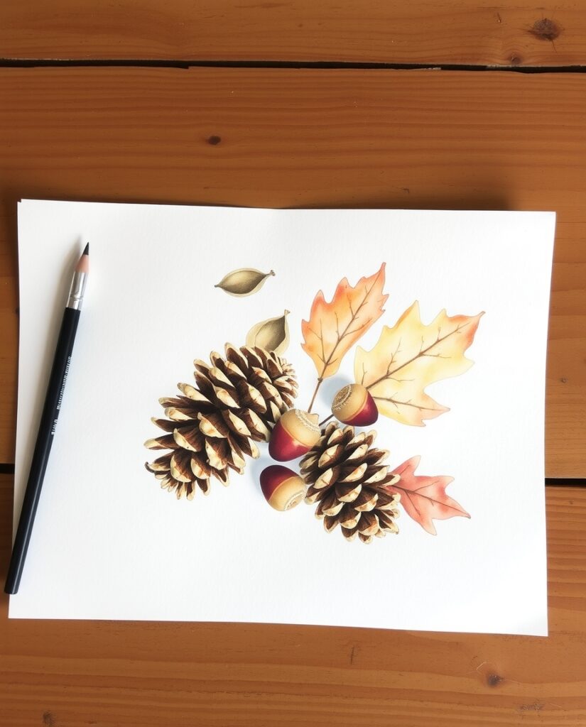 18 Calm Pine Cone and Acorn Painting Ideas Flux Schnell delicate watercolor painting Watercolor painting 0