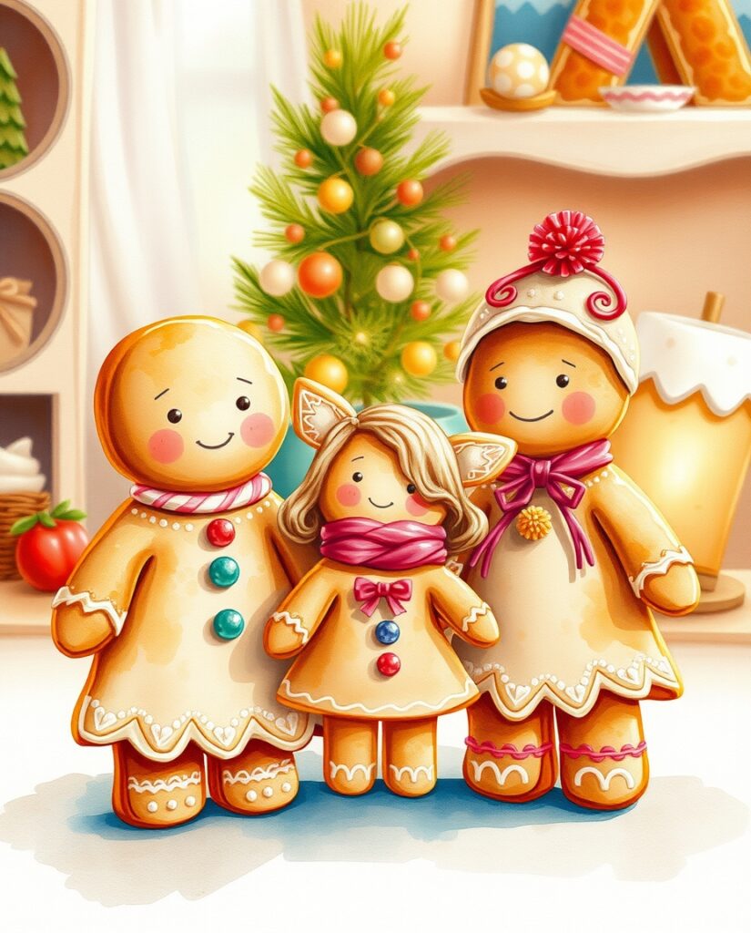 Flux Schnell Delicate watercolor painting of a gingerbread fam 1